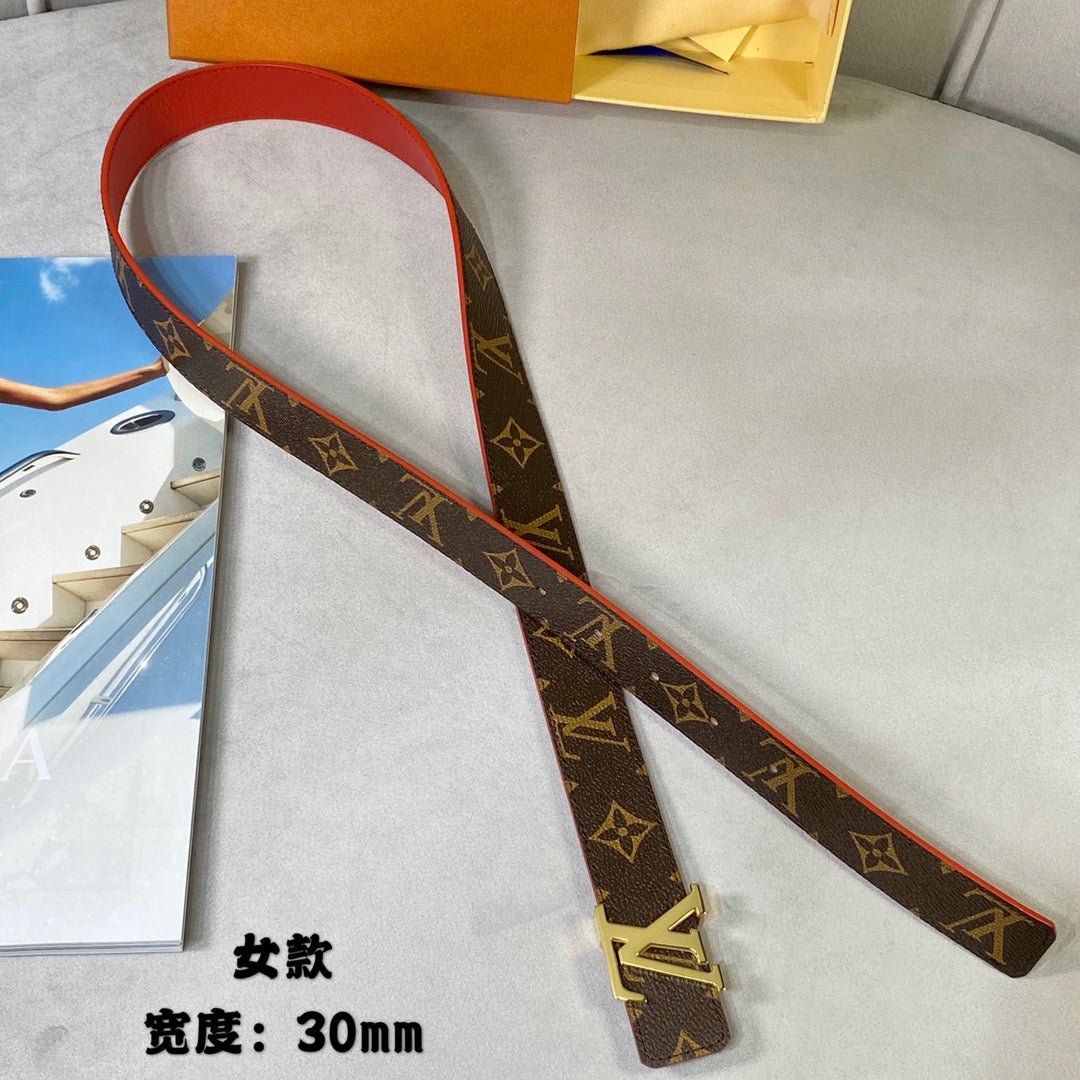 LOUIS VUITTON LV INITIALES 30 MM REVERSIBLE BELT IN BROWN MONOGRAM AND CHERRY RED CALFSKIN GOLD HARDWARE