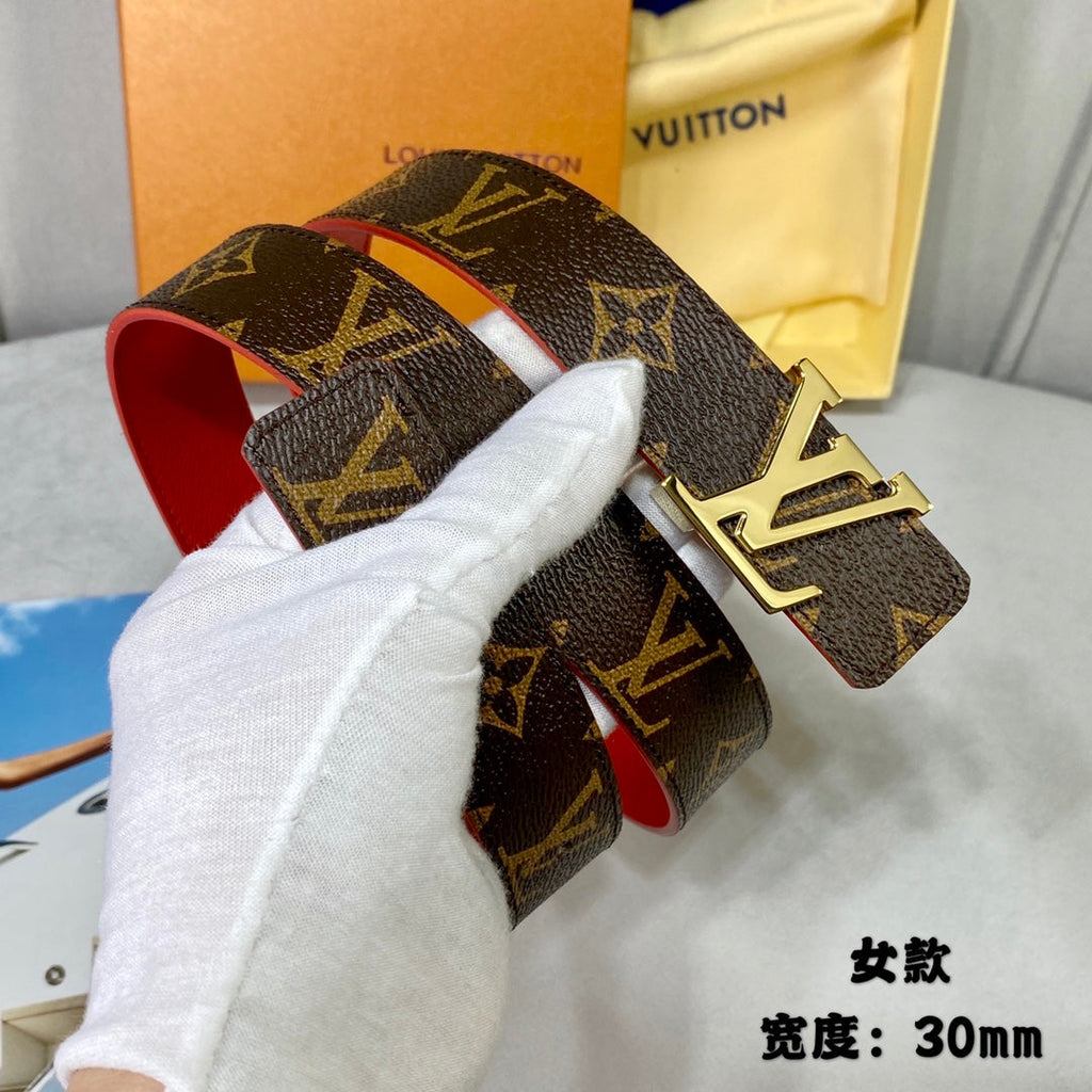 LOUIS VUITTON LV INITIALES 30 MM REVERSIBLE BELT IN BROWN MONOGRAM AND CHERRY RED CALFSKIN GOLD HARDWARE