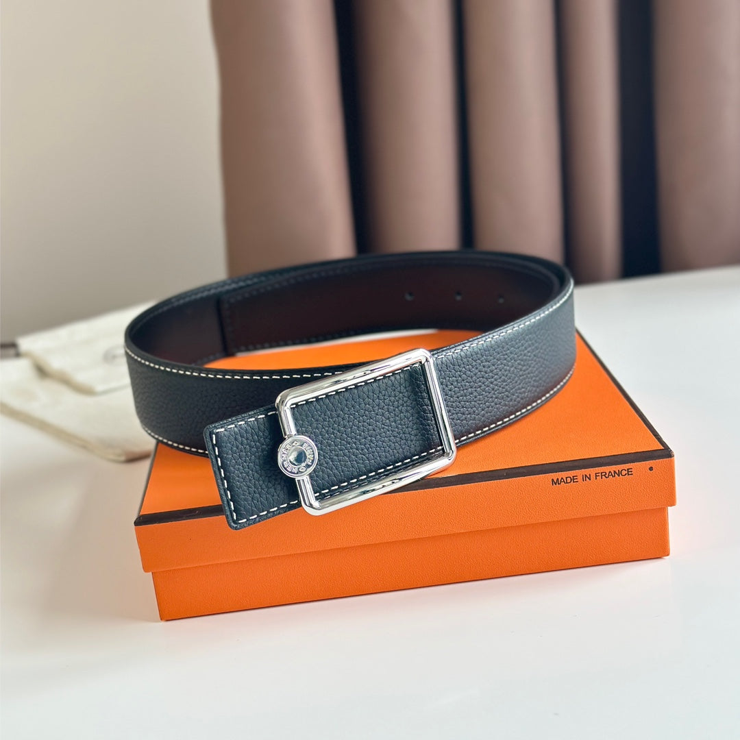HERMES OSCAR BELT BUCKLE & REVERSIBLE BLACK LEATHER STRAP 38MM SILVER HARDWARE