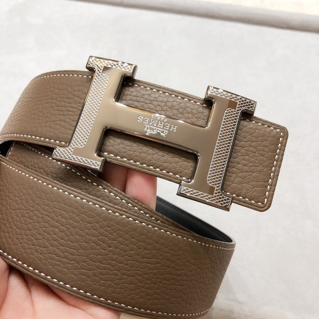HERMES H D'ANCRE BELT BUCKLE & REVERSIBLE COFFEE BROWN LEATHER STRAP 38 MM SILVER HARDWARE