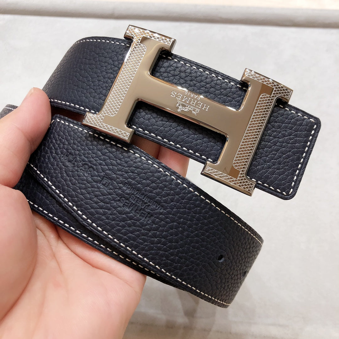 HERMES H D'ANCRE BELT BUCKLE & REVERSIBLE BLACK LEATHER STRAP 38 MM GREY SILVER HARDWARE