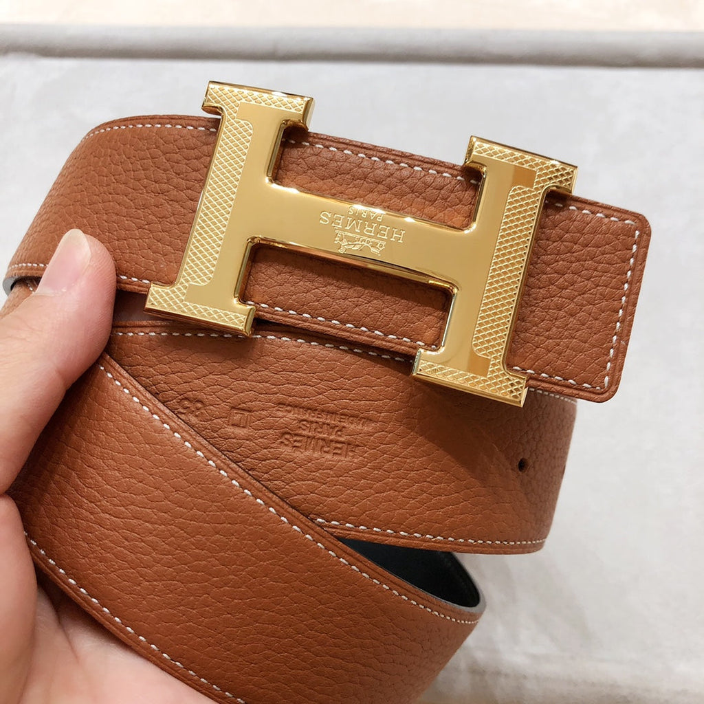 HERMES H D'ANCRE BELT BUCKLE & REVERSIBLE BRONZE BROWN LEATHER STRAP 38 MM GOLD HARDWARE