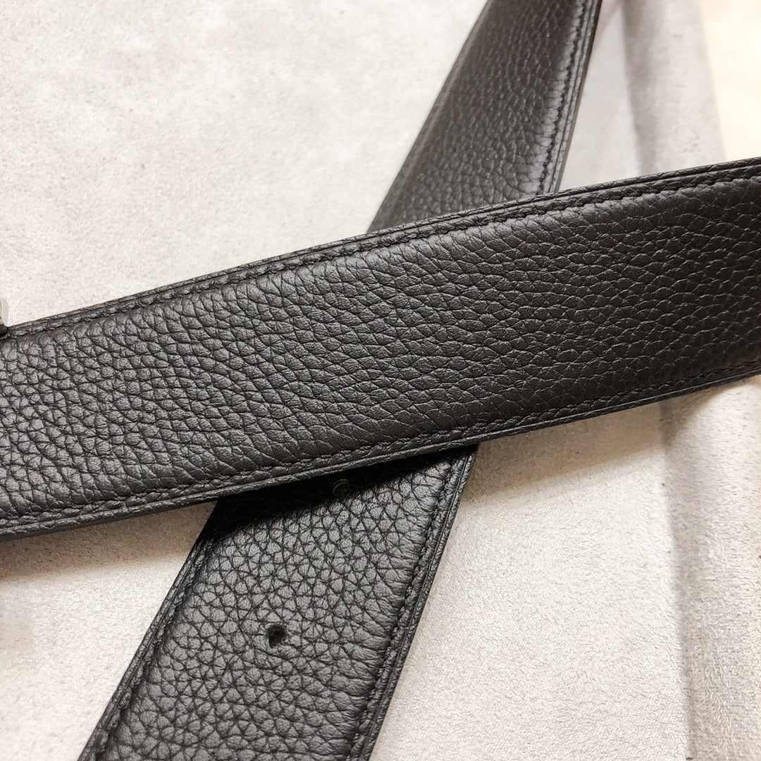 HERMES BELT BUCKLE & REVERSIBLE BLACK LEATHER STRAP 38 MM SILVER HARDWARE