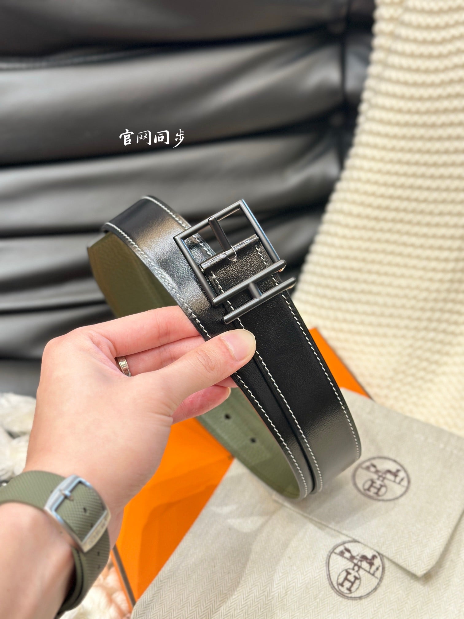 HERMES NATHAN REVERSIBLE BELT 32MM OLIVE GREEN AND BLACK LEATHER BLACK HARDWARE