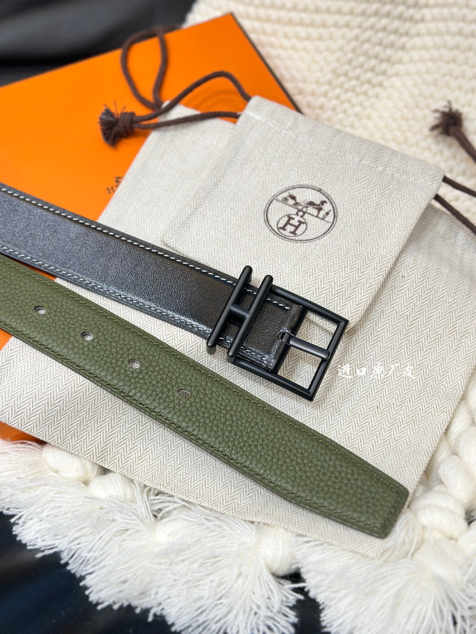 HERMES NATHAN REVERSIBLE BELT 32MM OLIVE GREEN AND BLACK LEATHER BLACK HARDWARE
