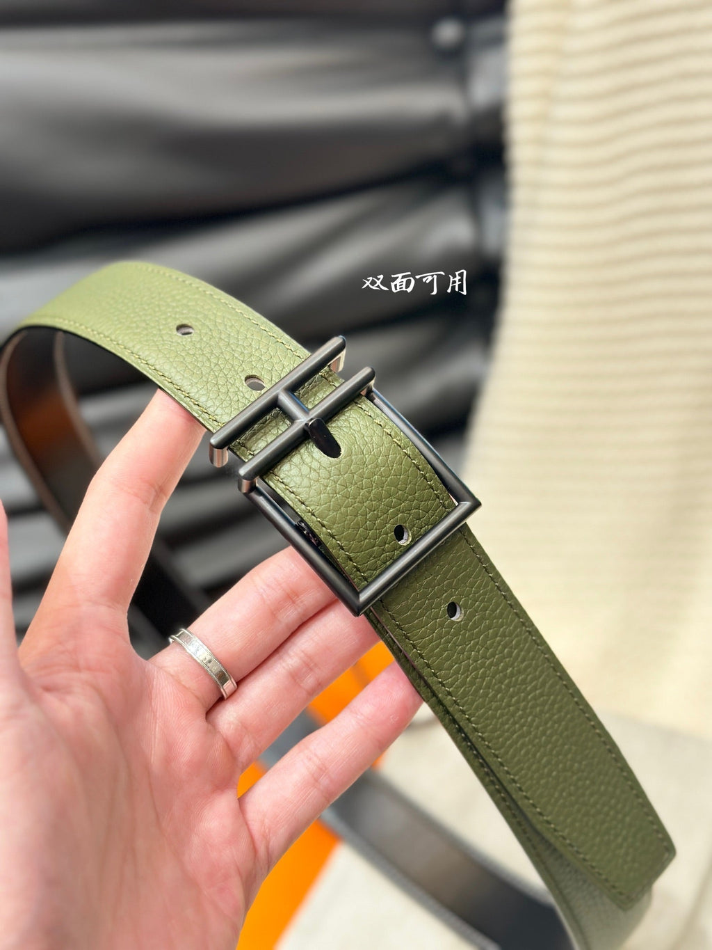HERMES NATHAN REVERSIBLE BELT 32MM OLIVE GREEN AND BLACK LEATHER BLACK HARDWARE