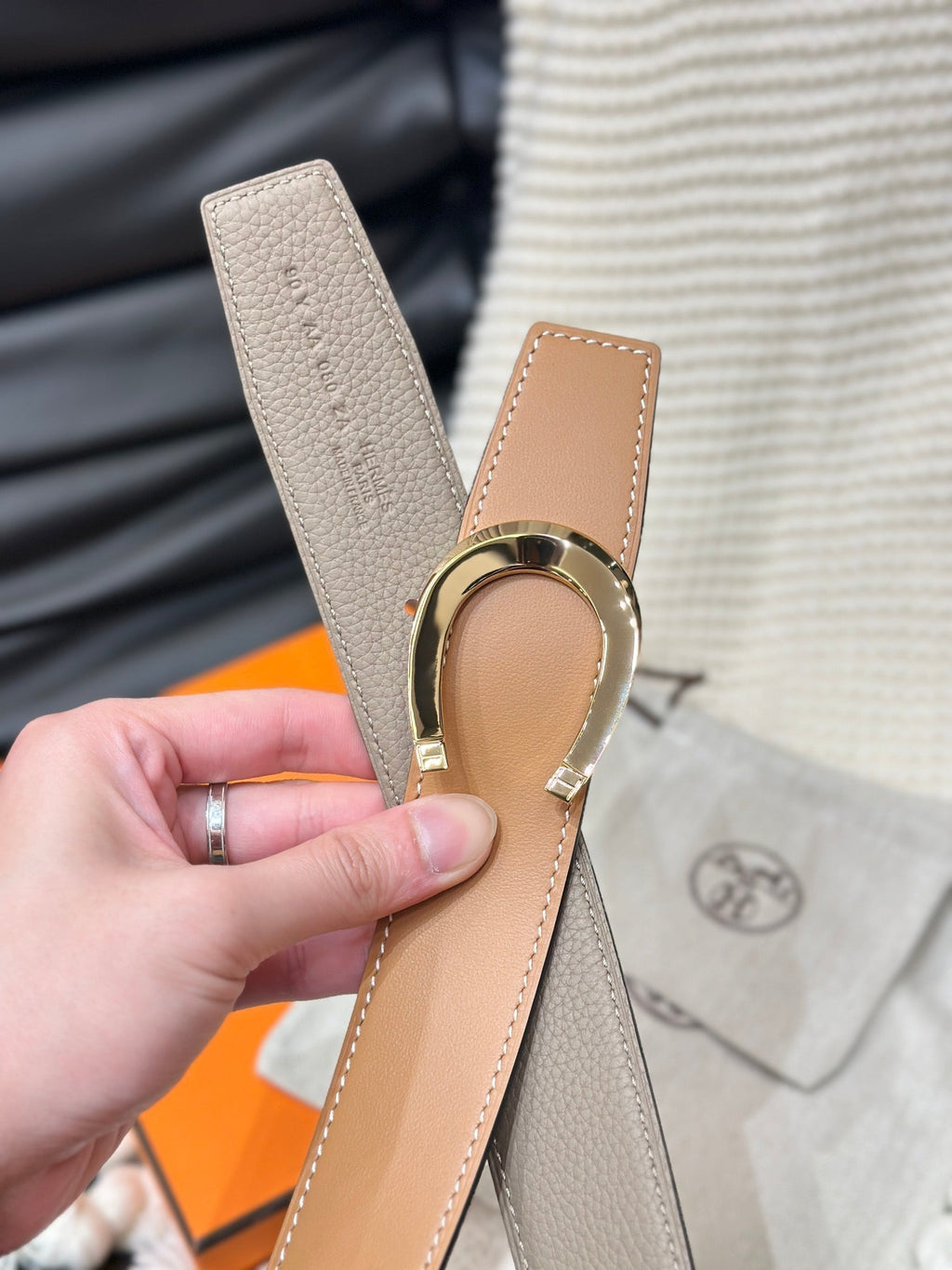 HERMES LUCK BELT GOLD BUCKLE & REVERSIBLE PEANUT BROWN LEATHER STRAP 38MM