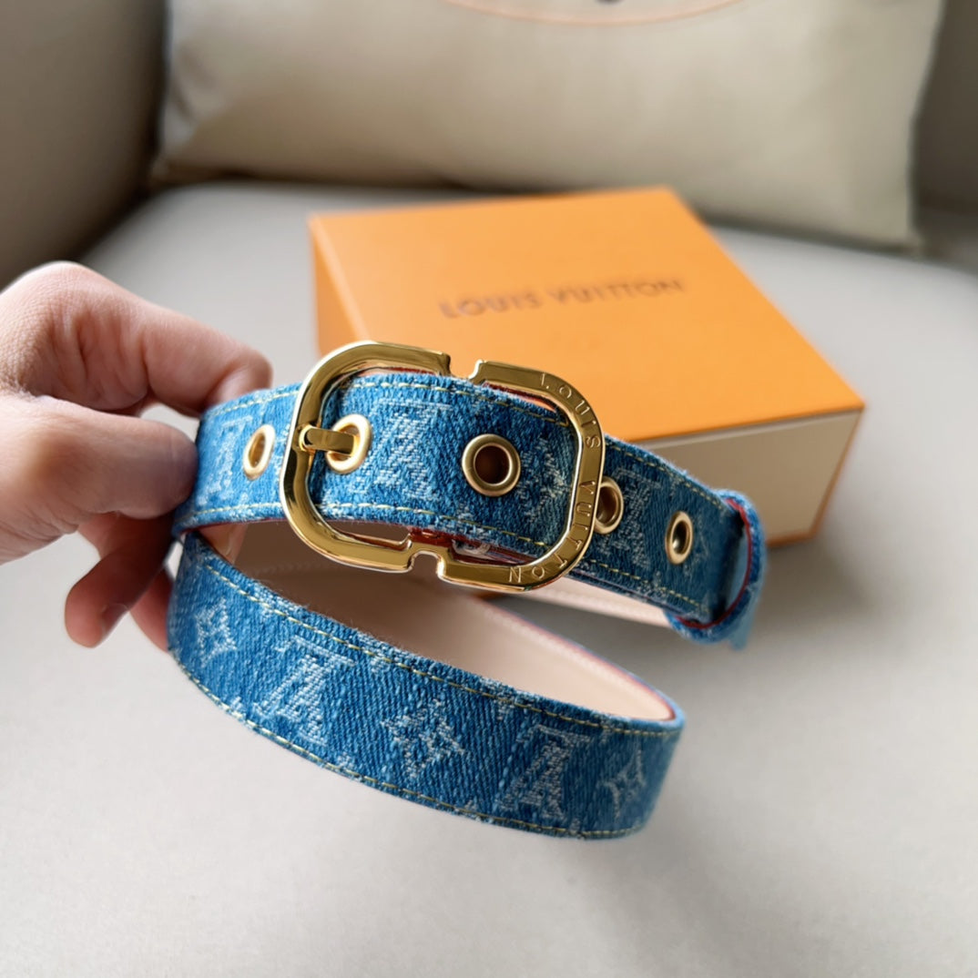 LOUIS VUITTON LV 30MM BELT LIGHT BLUE MONOGRAM DENIM GOLD HARDWARE
