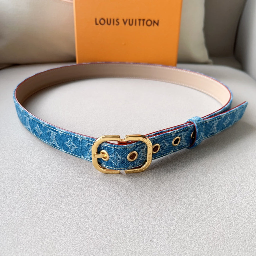 LOUIS VUITTON LV 30MM BELT LIGHT BLUE MONOGRAM DENIM GOLD HARDWARE