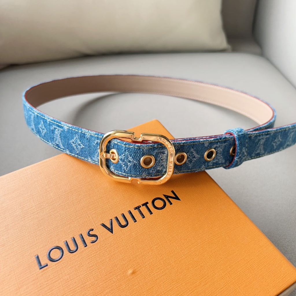 LOUIS VUITTON LV 30MM BELT LIGHT BLUE MONOGRAM DENIM GOLD HARDWARE