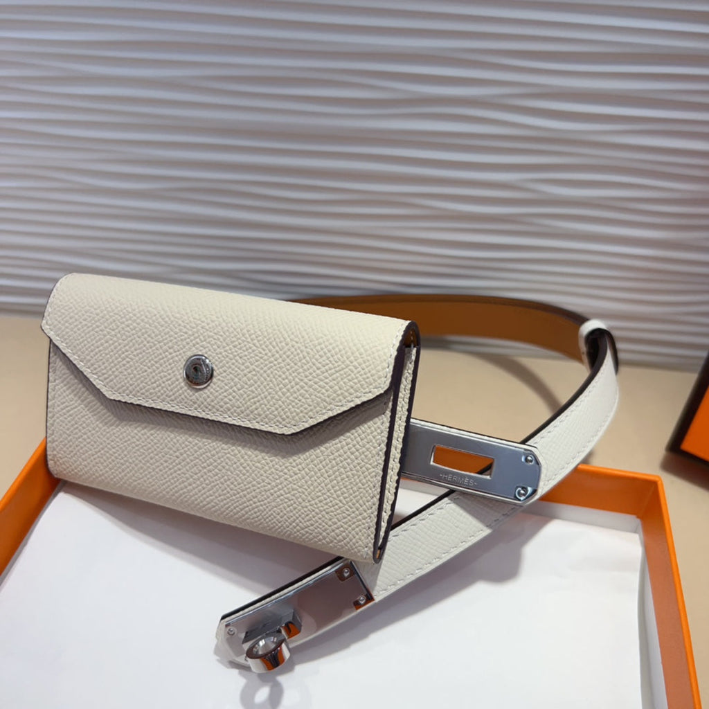HERMES KELLY WHITE POCKET 18MM BELT LEATHER SILVER HARDWARE