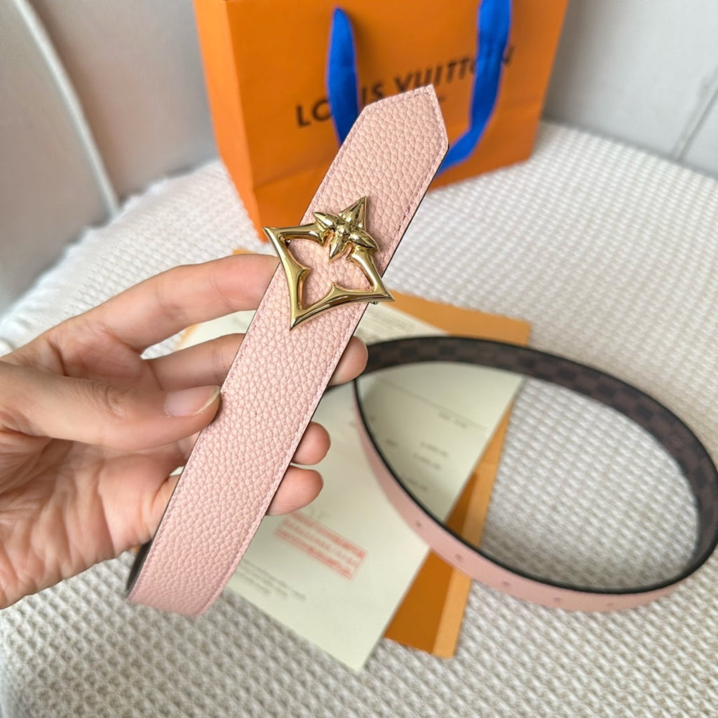 LOUIS VUITTON LV FLOWERGRAM 30MM REVERSIBLE BELT IN LIGHT PINK CALFSKIN GOLD HARDWARE