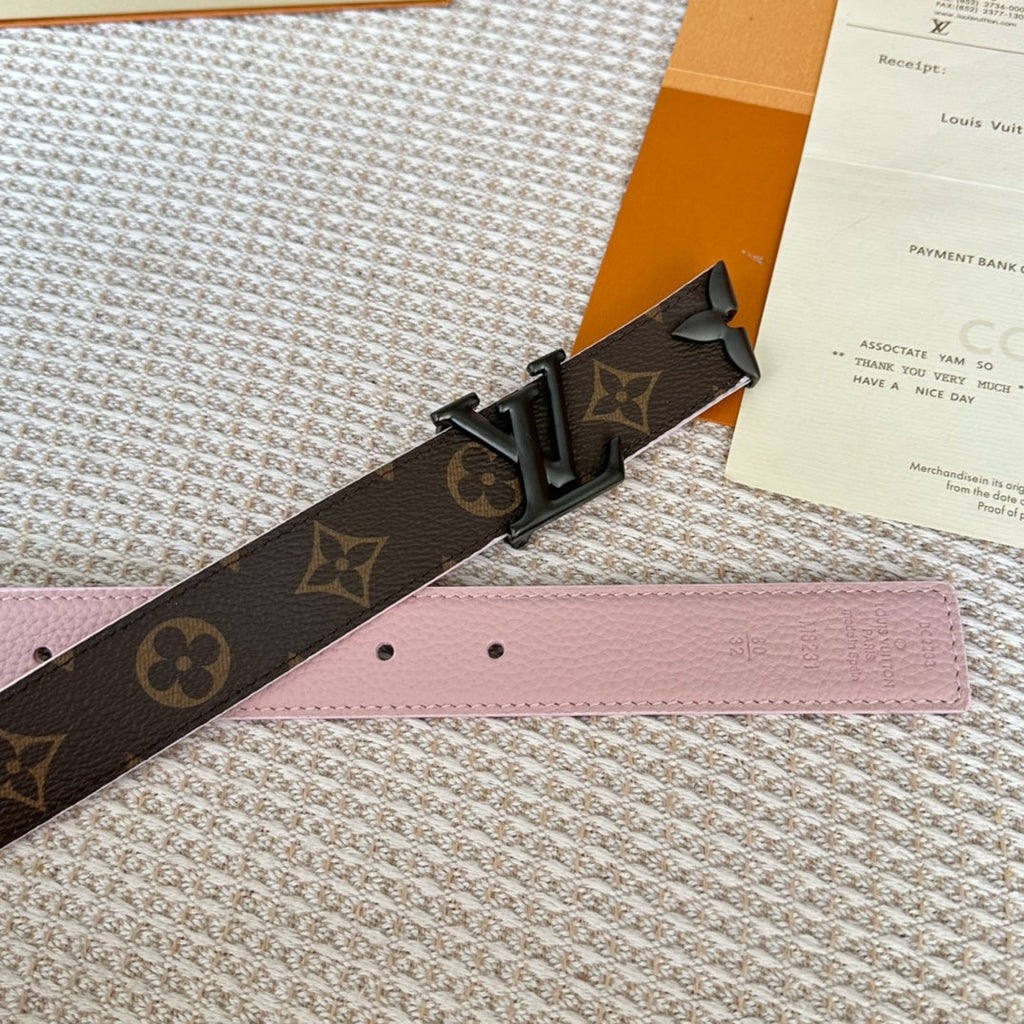 LOUIS VUITTON PRETTY LV 30MM REVERSIBLE BELT IN LIGHT PINK CALFSKIN BLACK HARDWARE