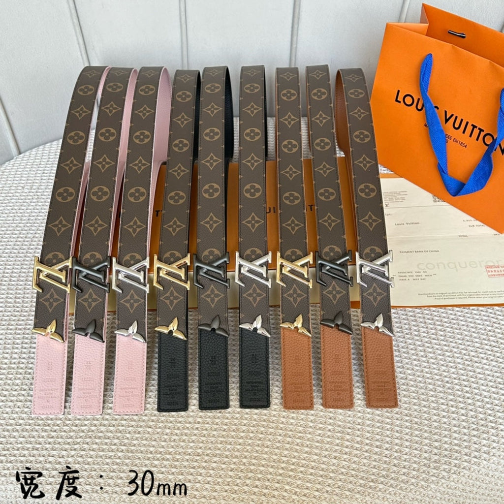 LOUIS VUITTON PRETTY LV 30MM REVERSIBLE BELT IN LIGHT PINK CALFSKIN BLACK HARDWARE