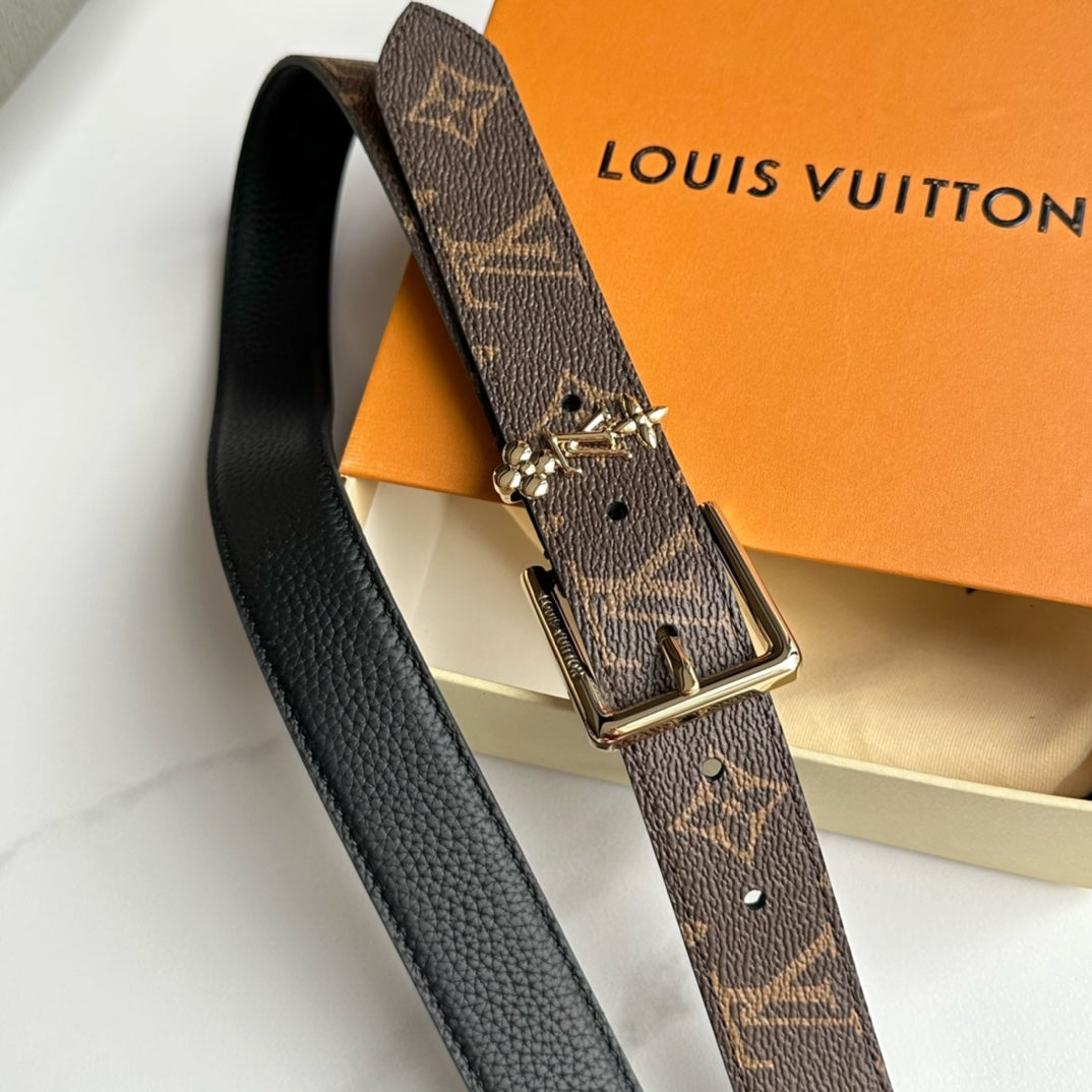LOUIS VUITTON LV Bloom 30mm Belt Gold Buckle Black Brown Leather