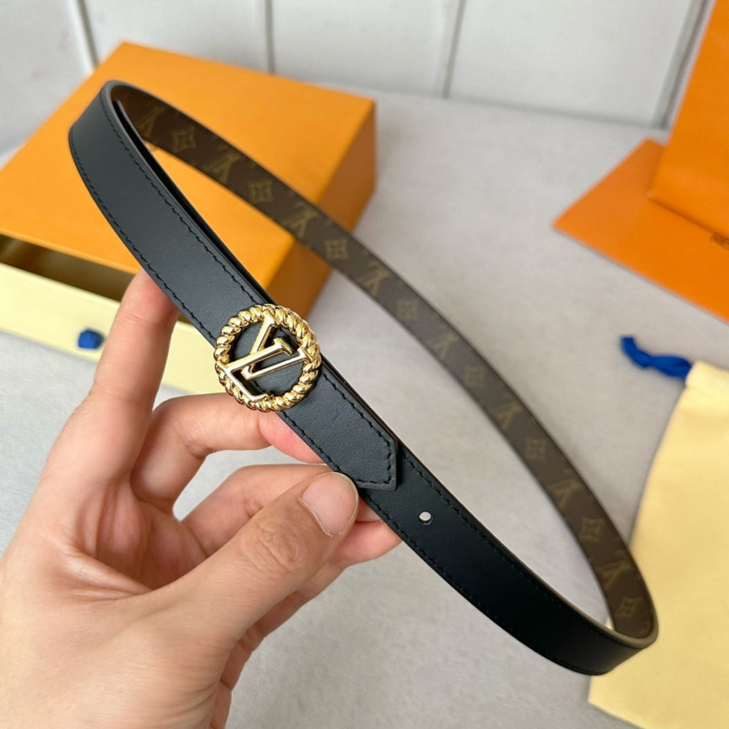 LOUIS VUITTON LV Circle Nautical 20mm Reversible Belt Gold Buckle Black Brown Lambskin