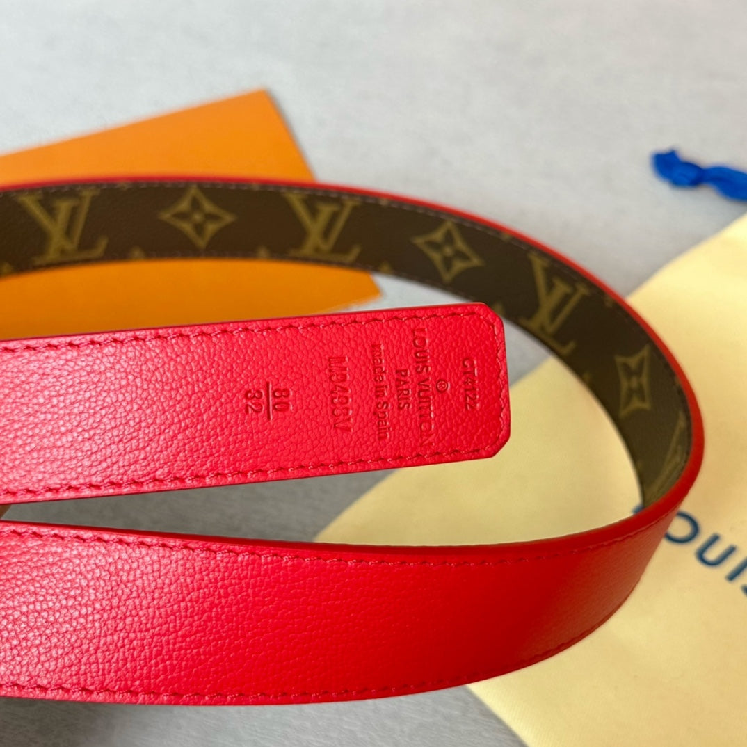 LOUIS VUITTON LV Bloom 30mm Belt Gold Buckle Red Brown Leather