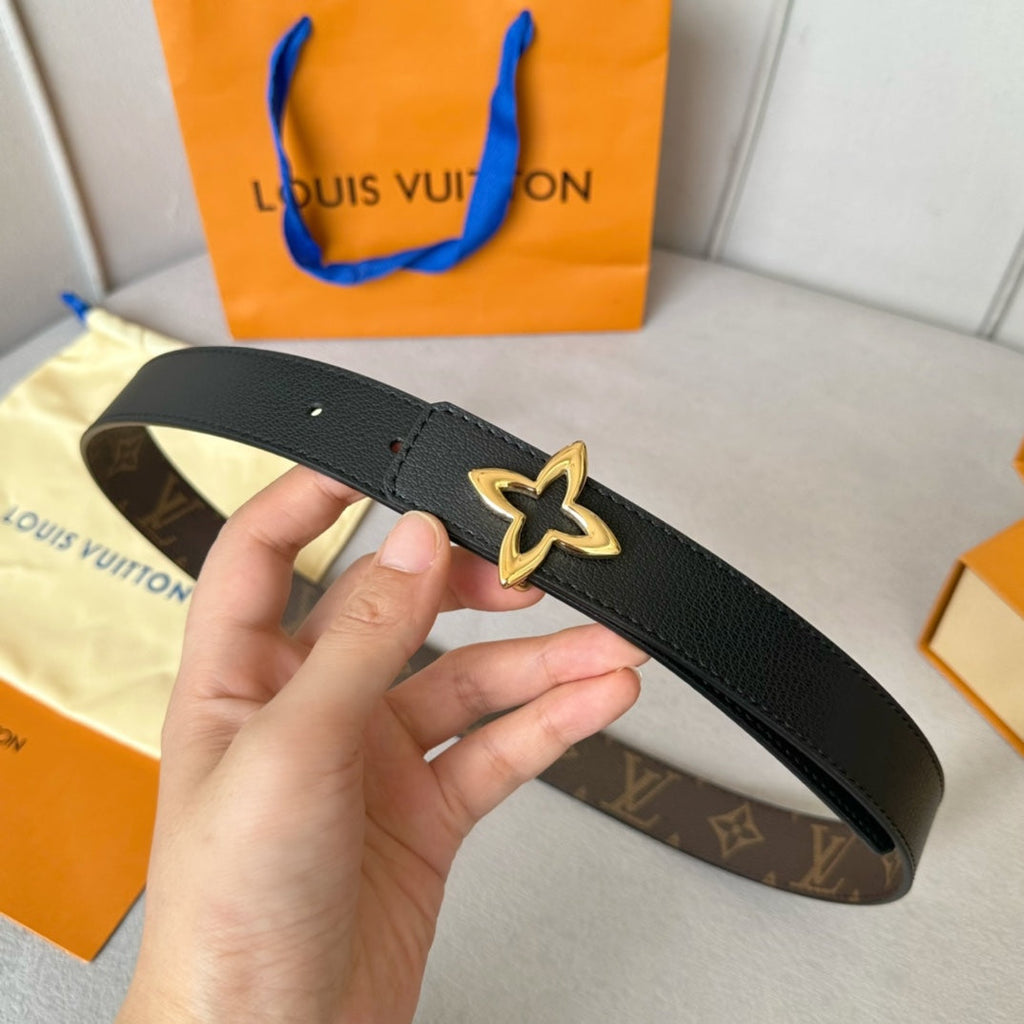LOUIS VUITTON LV MINI FLOWERGRAM 30MM REVERSIBLE BELT IN BLACK CALFSKIN GOLD HARDWARE