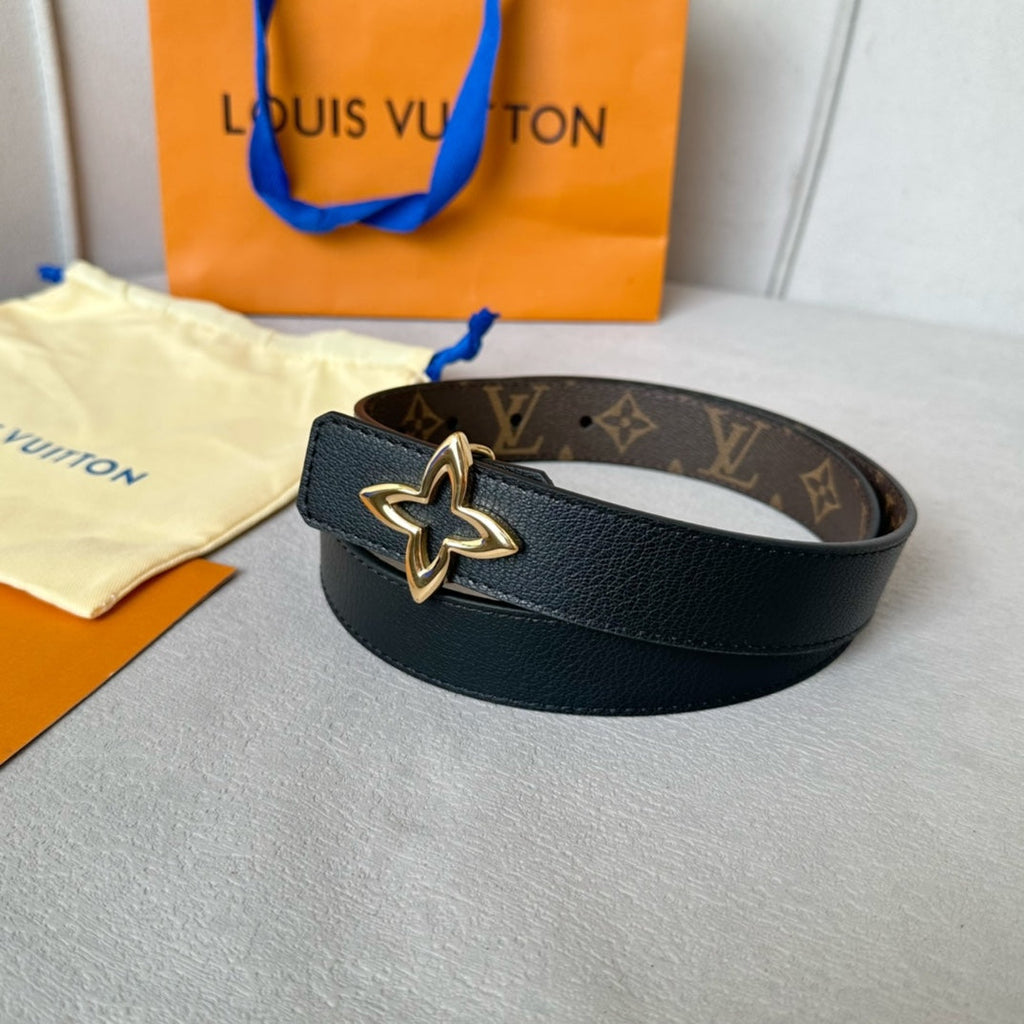 LOUIS VUITTON LV MINI FLOWERGRAM 30MM REVERSIBLE BELT IN BLACK CALFSKIN GOLD HARDWARE