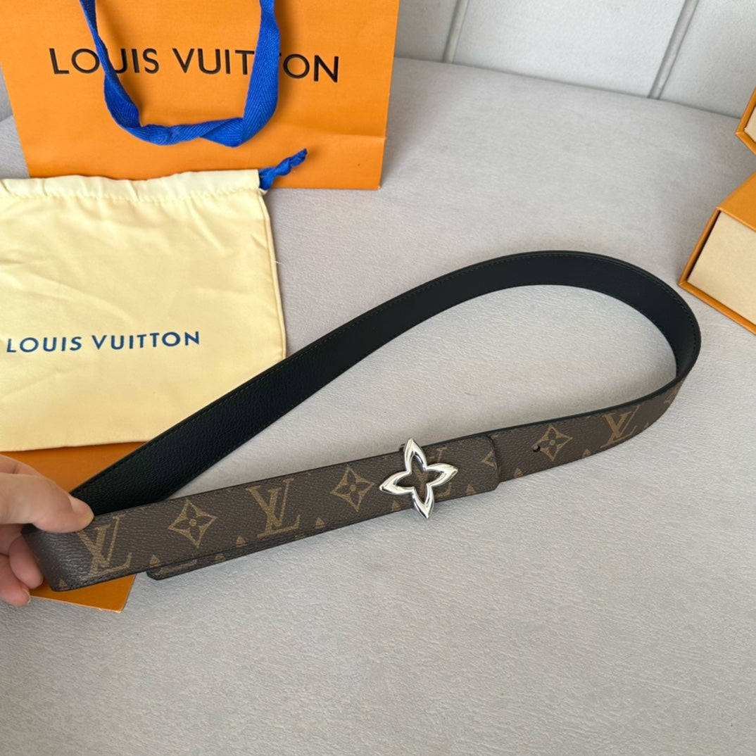 LOUIS VUITTON LV MINI FLOWERGRAM 30MM REVERSIBLE BELT IN BLACK CALFSKIN SILVER HARDWARE