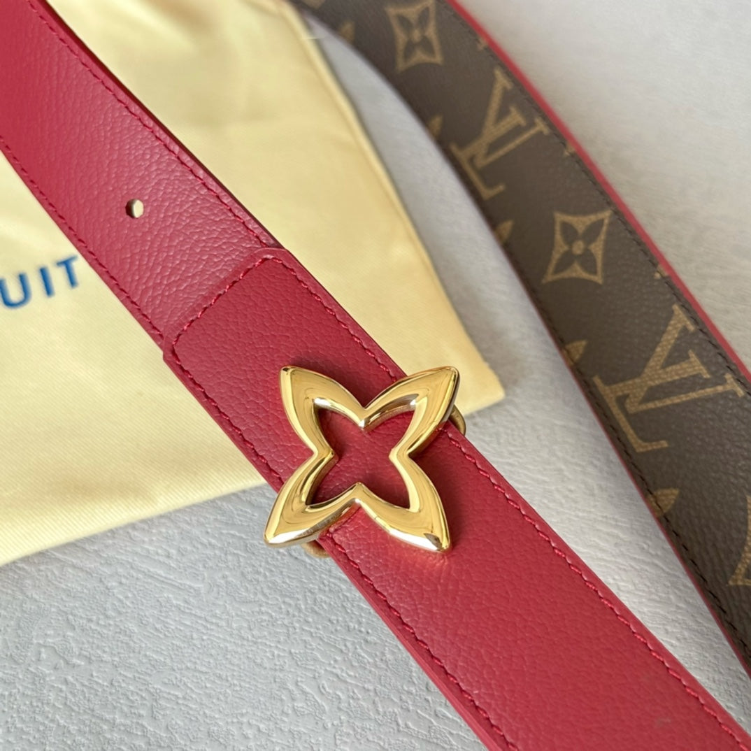 LOUIS VUITTON LV MINI FLOWERGRAM 30MM REVERSIBLE BELT IN BLOOD RED CALFSKIN GOLD HARDWARE