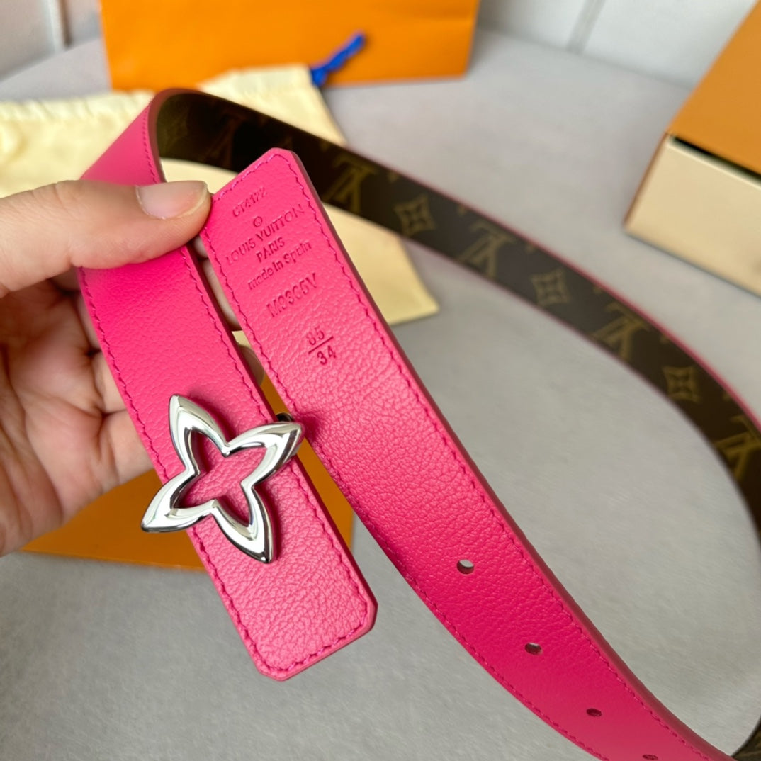 LOUIS VUITTON LV Flowergram 30mm Reversible Belt Silver Buckle Hot Pink Brown Leather