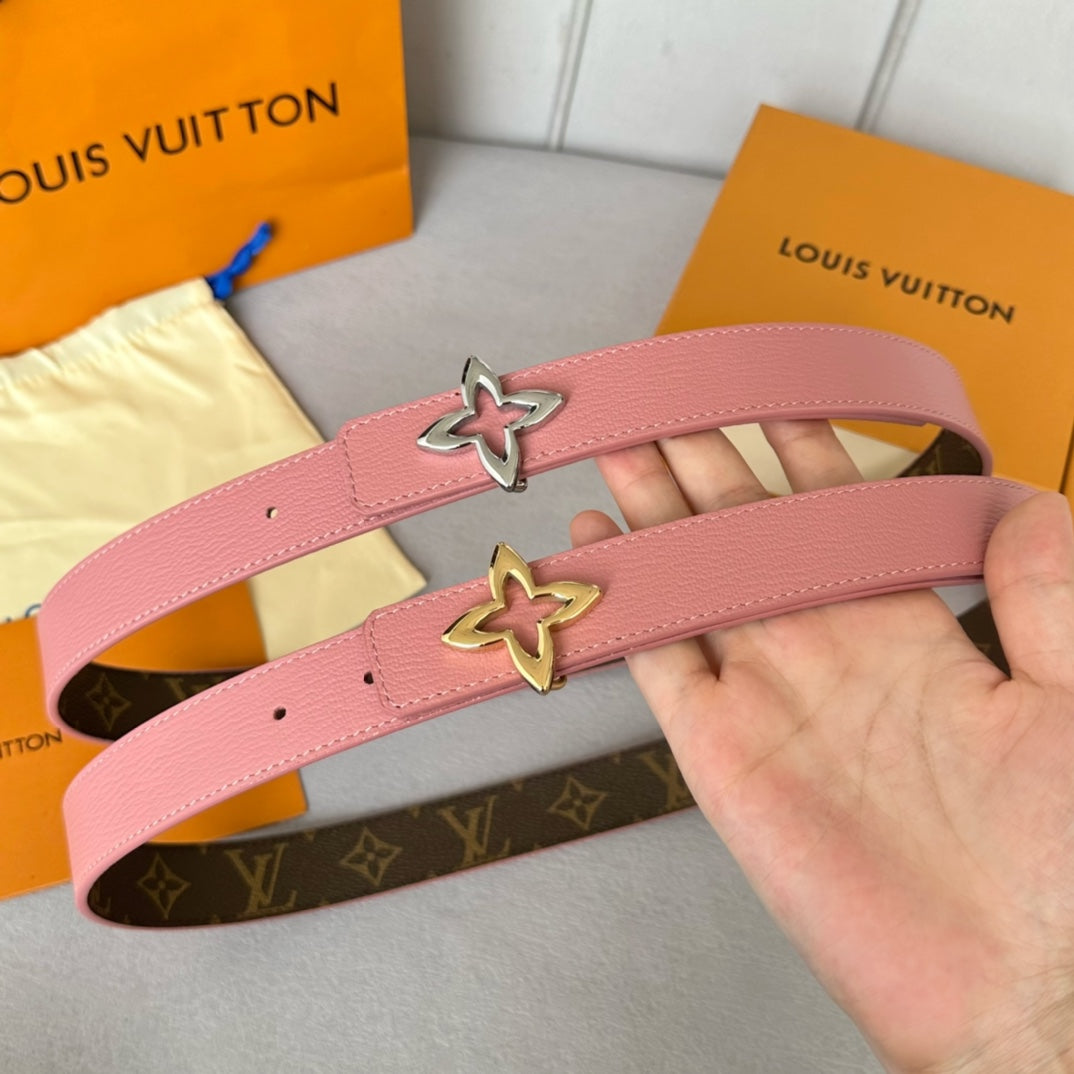 LOUIS VUITTON LV Flowergram 30mm Reversible Belt Silver Buckle Pink Brown Leather