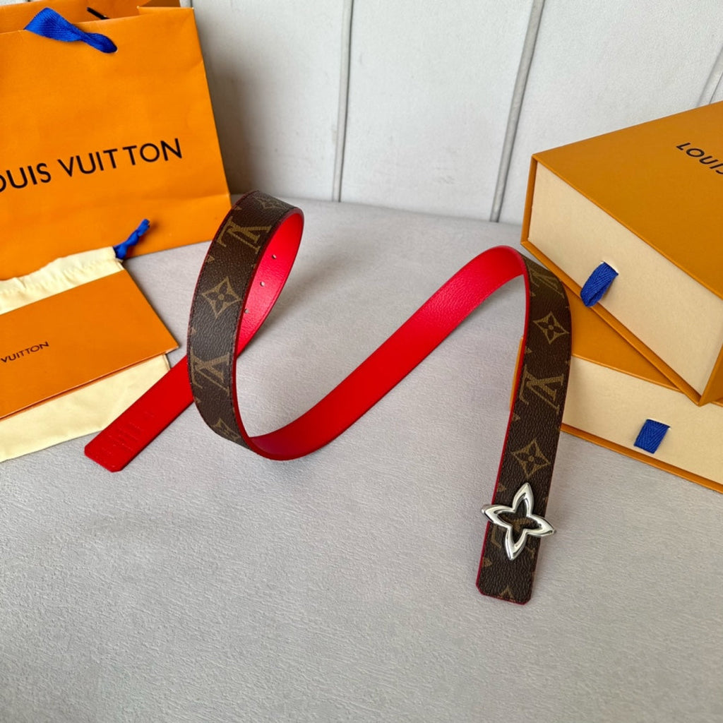 LOUIS VUITTON LV Flowergram 30mm Reversible Belt Silver Buckle Red Brown Leather