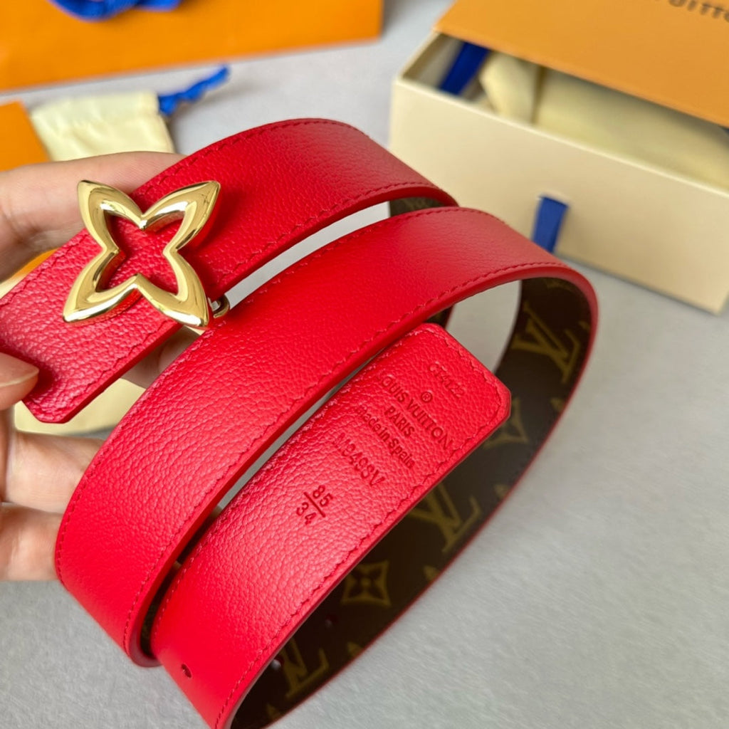 LOUIS VUITTON LV Flowergram 30mm Reversible Belt Gold Buckle Red Brown Leather