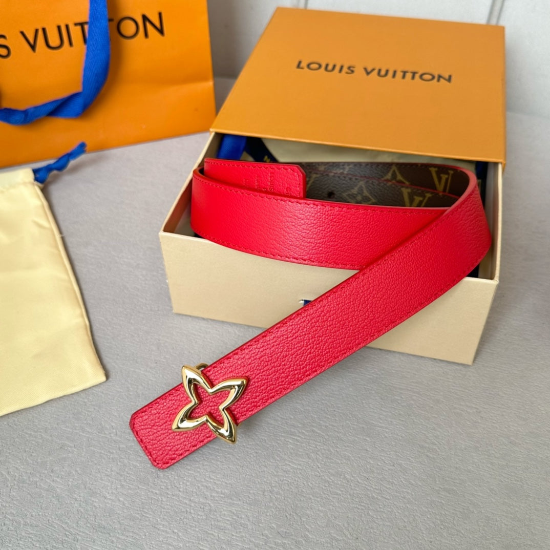 LOUIS VUITTON LV MINI FLOWERGRAM 30MM REVERSIBLE BELT IN CHERRY RED CALFSKIN GOLD HARDWARE