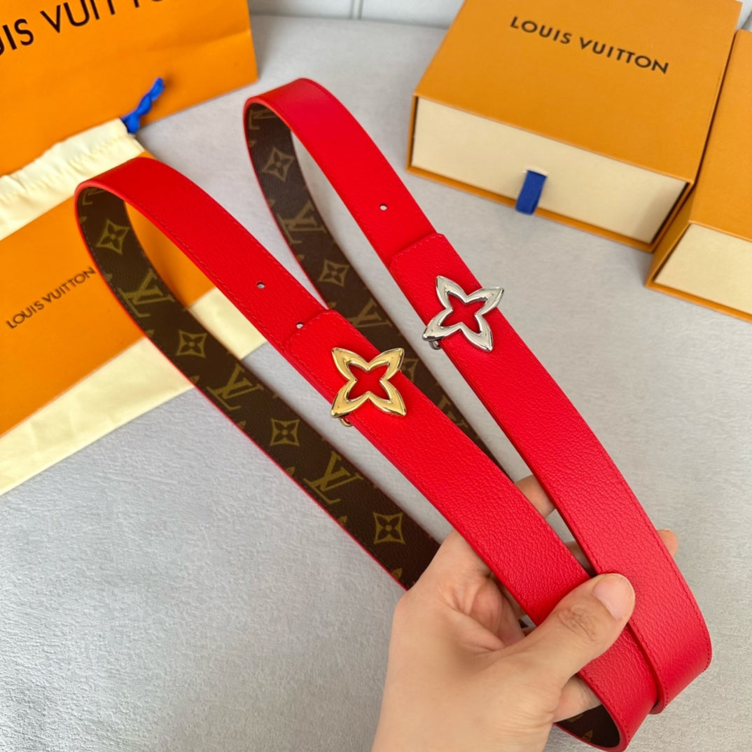 LOUIS VUITTON LV MINI FLOWERGRAM 30MM REVERSIBLE BELT IN CHERRY RED CALFSKIN GOLD HARDWARE
