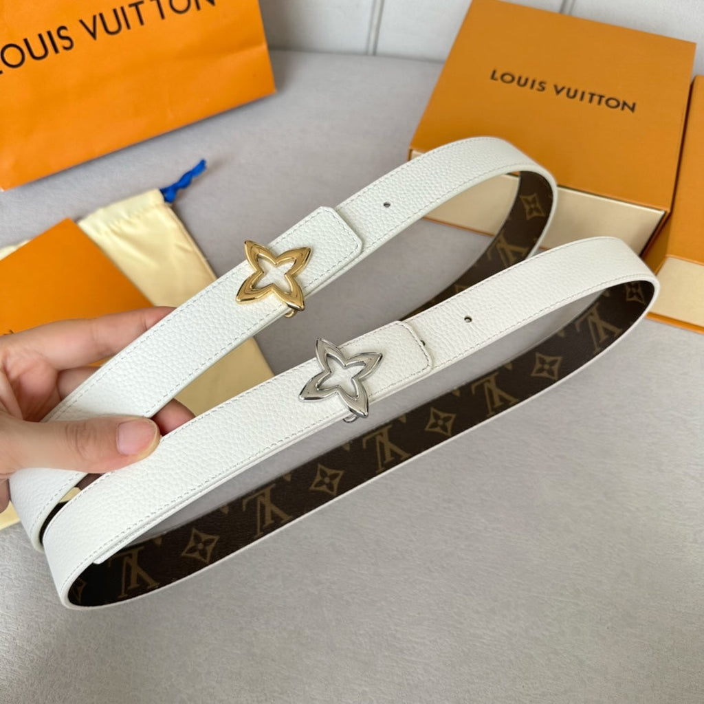 LOUIS VUITTON LV MINI FLOWERGRAM 30MM REVERSIBLE BELT IN WHITE CALFSKIN SILVER HARDWARE