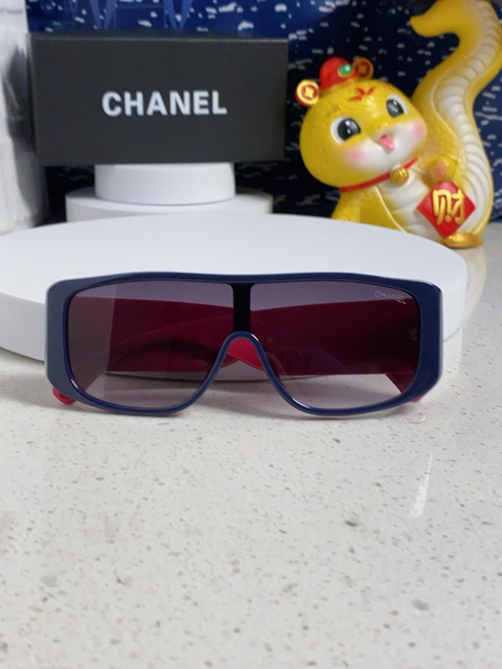 CHANEL SQUARE SUNGLASSES 641780 IN BLUE ACETATE PINK FRAME