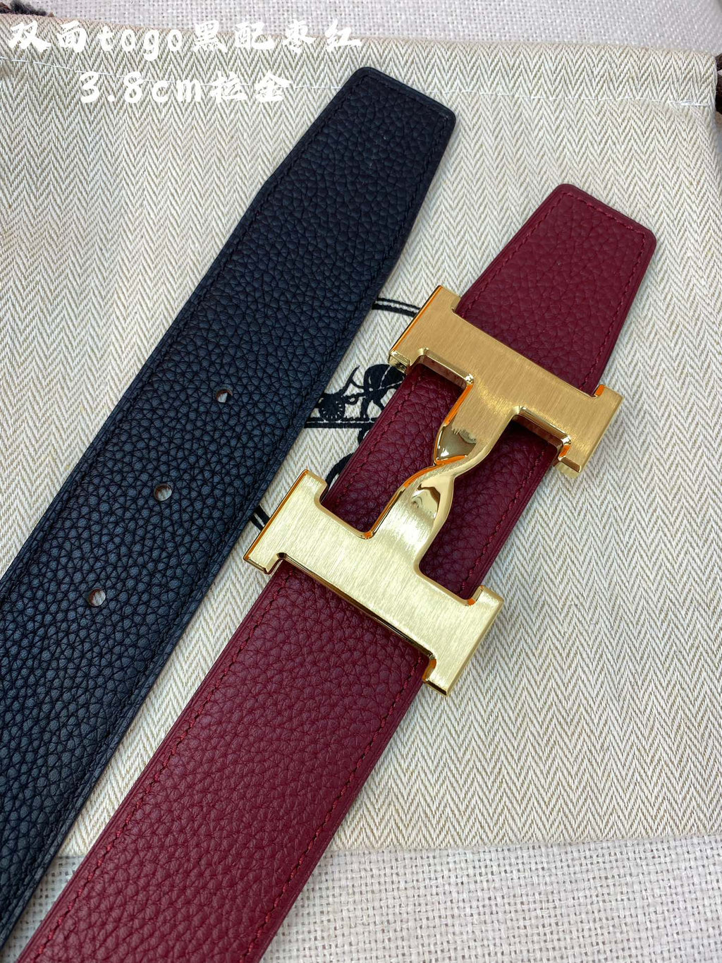 HERMES H BELT BUCKLE & REVERSIBLE WINE RED AND BLACK STRAP 38MM GOLD HARDWARE