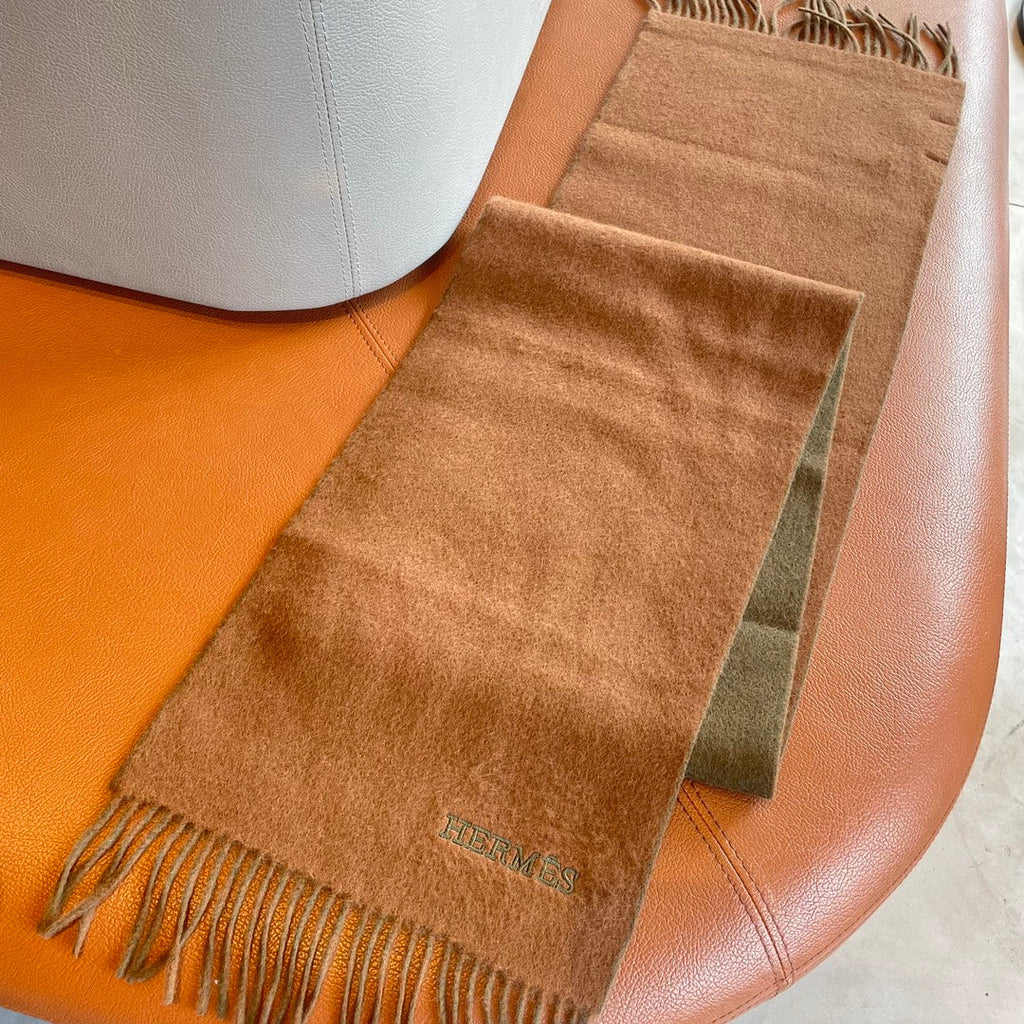 HERMES DOUBLE-FACE STOLE SCARF IN BURNT ORANGE MIX OLIVE GREEN CASERE 394462